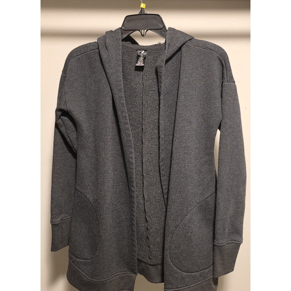 Active Life Women's Small Open-Front‎ Fleece Hooded Black Long Sleeve Cardigan